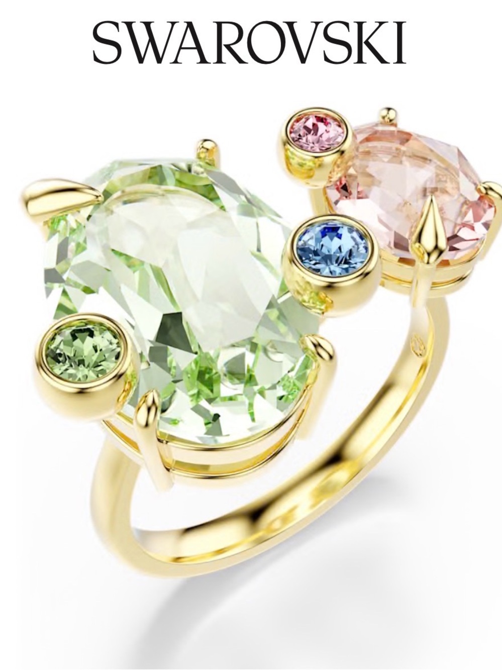 Swarovski Gold Ring with Pastel Green, Pink and Blue Crystals
